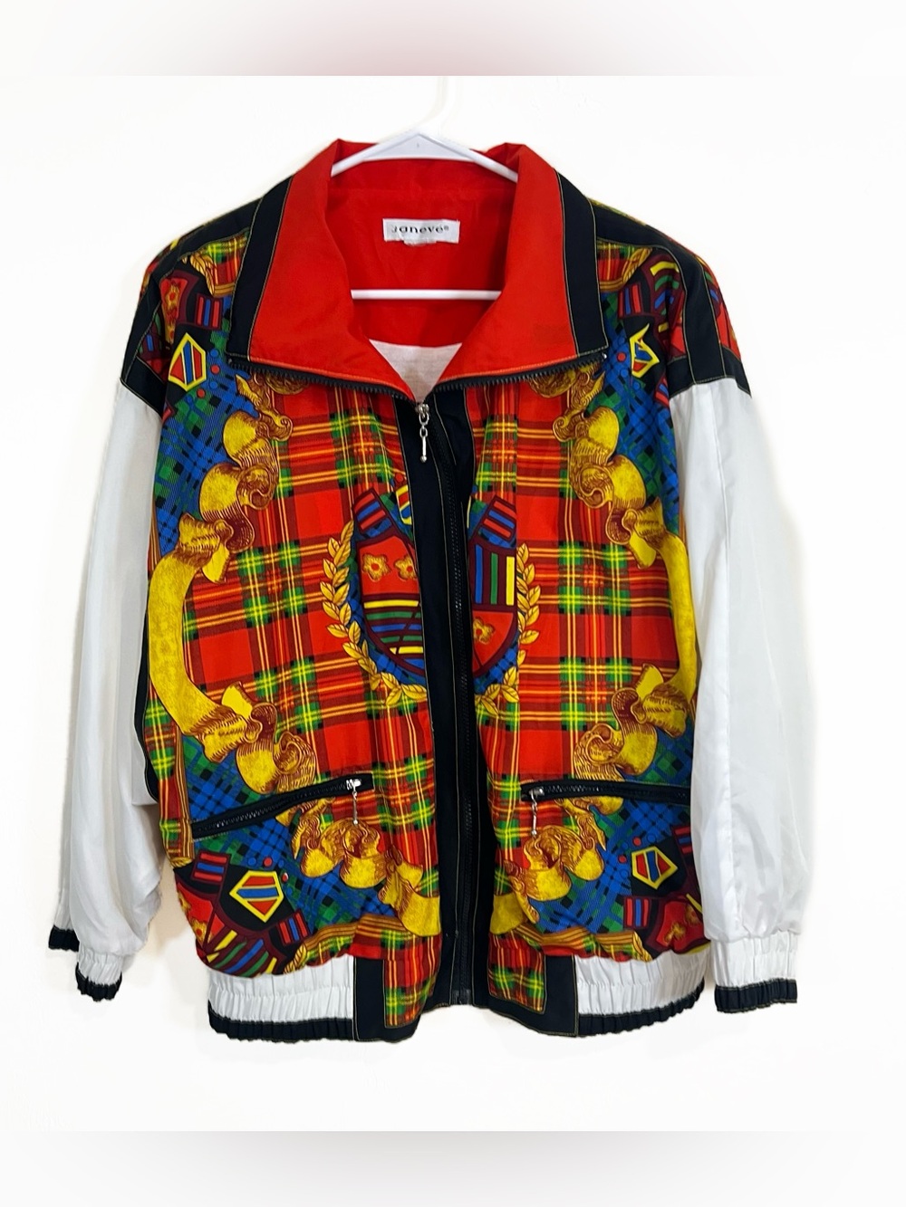 Vintage 80S Janeve Windbreaker Ornate Crest Motifs Gold Red Plaid Size Large